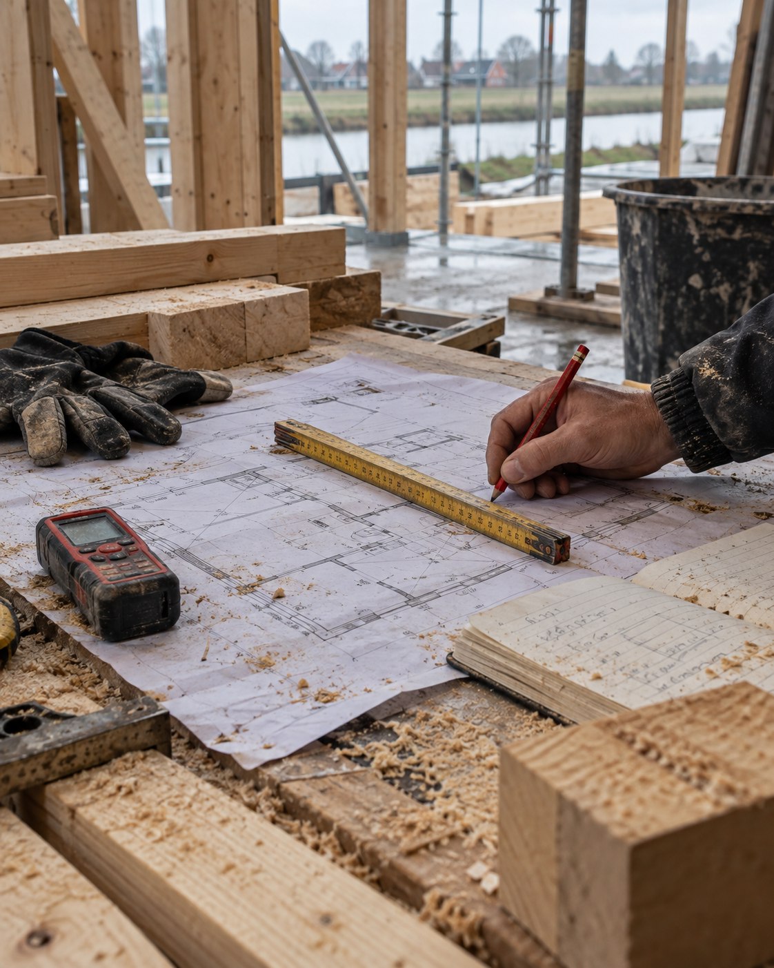 Construction drawings, measuring tools and site notes