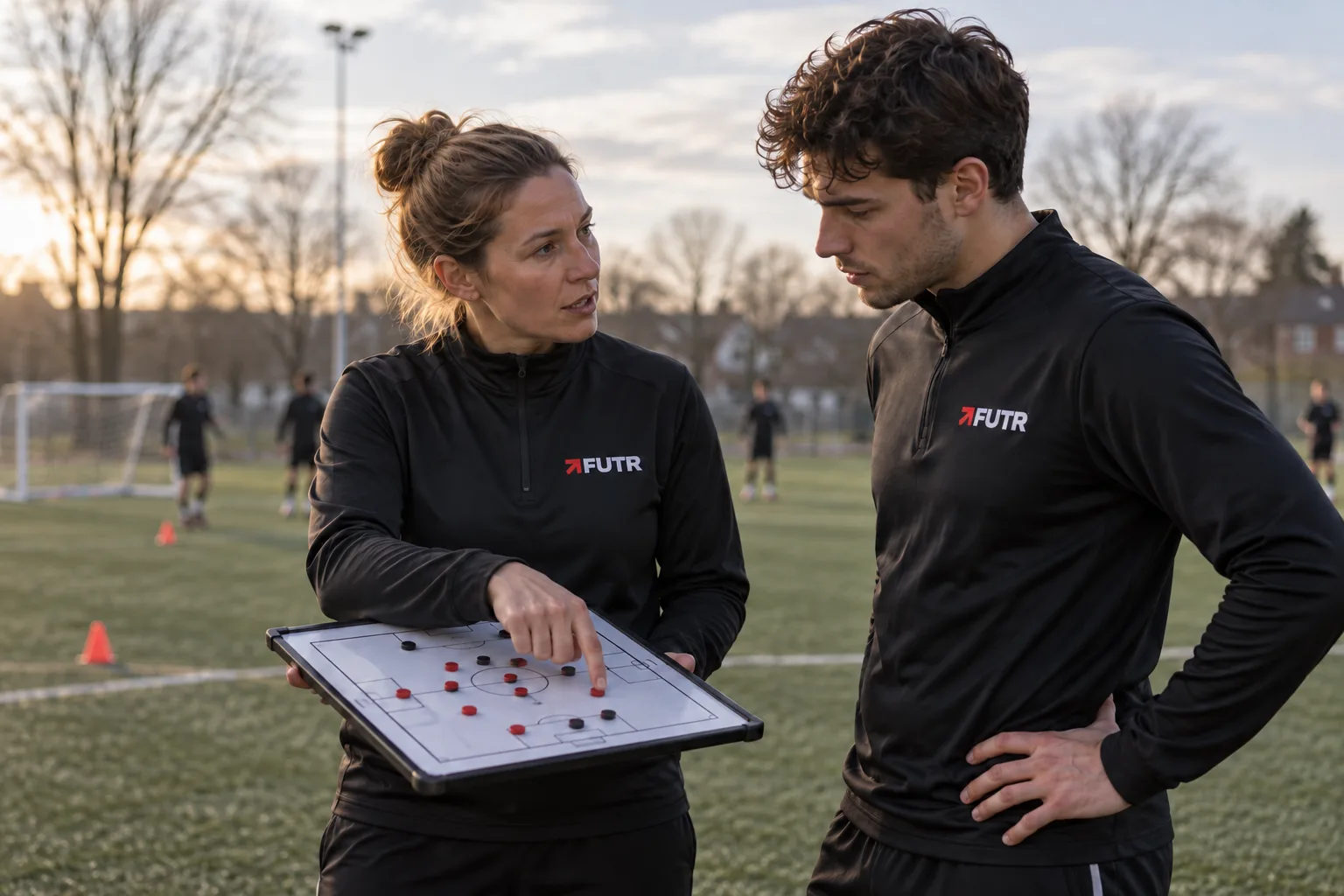 FUTR coach discussing a game situation with a young football player