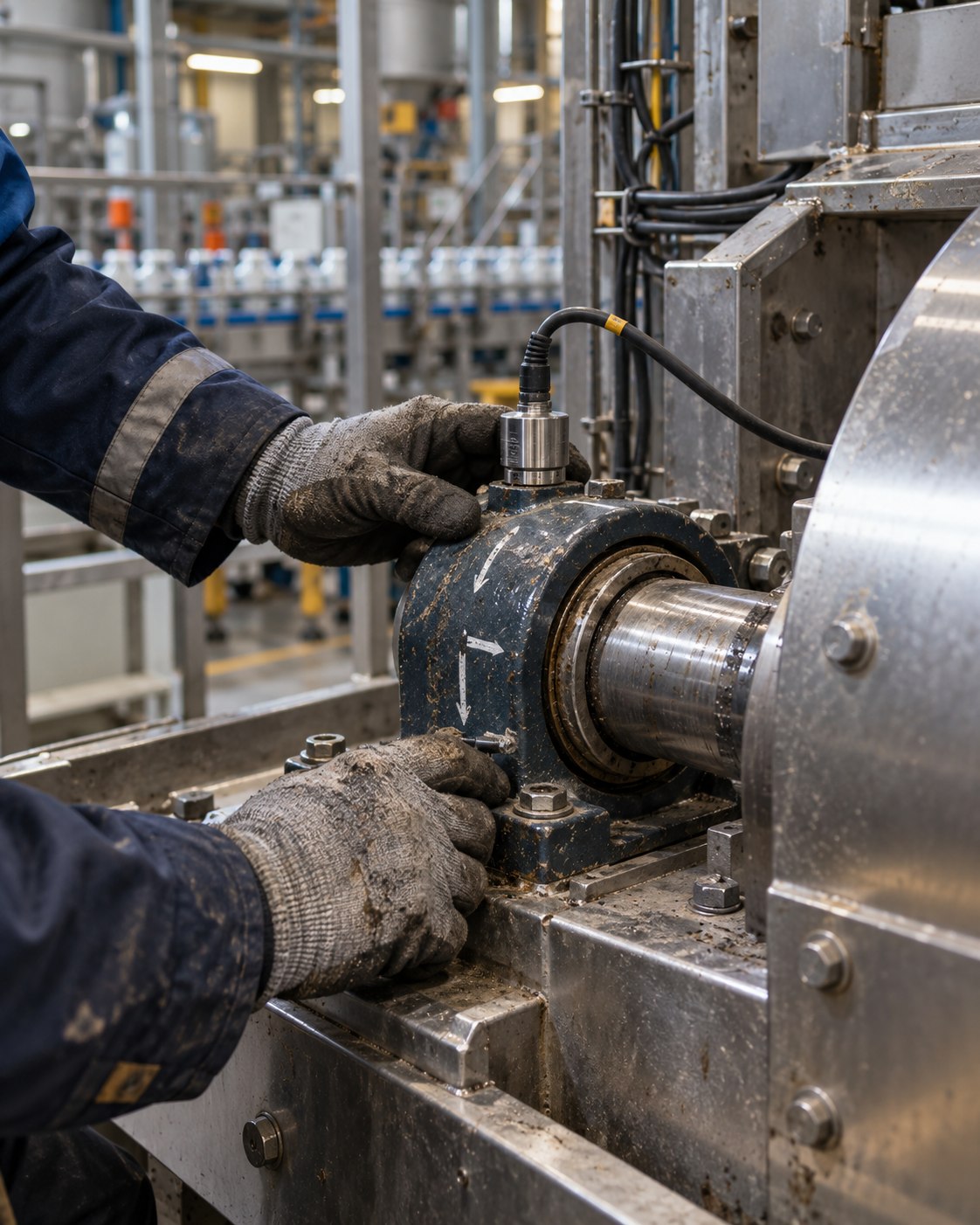 Technician checking a sensor and bearing on a production machine
