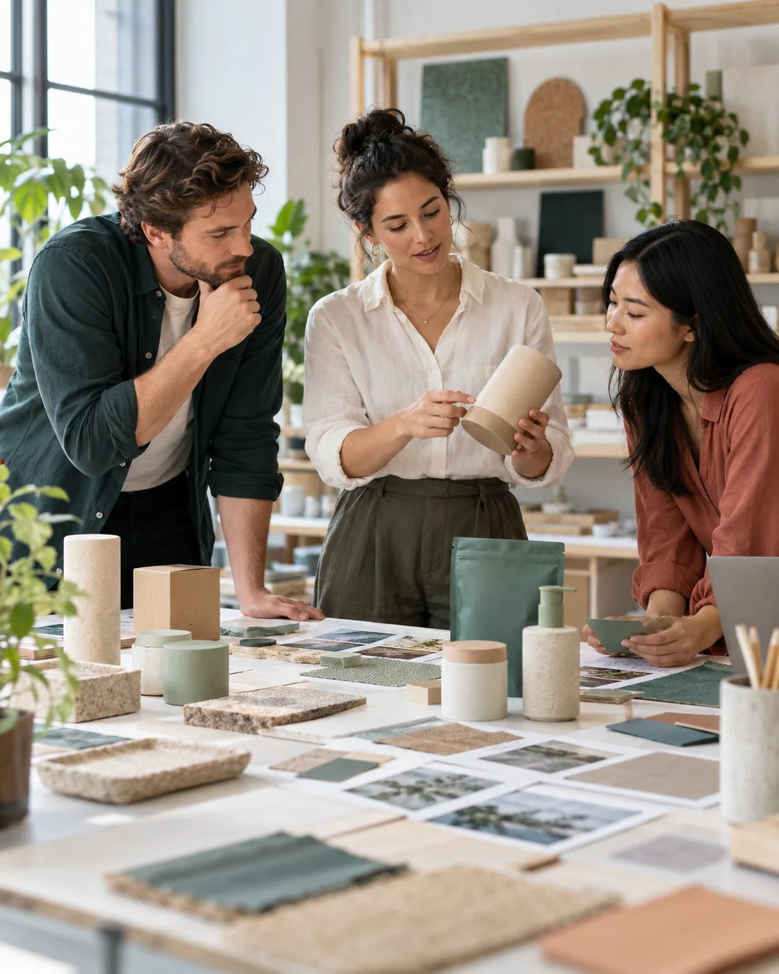 Product team exploring sustainable prototypes in a bright studio
